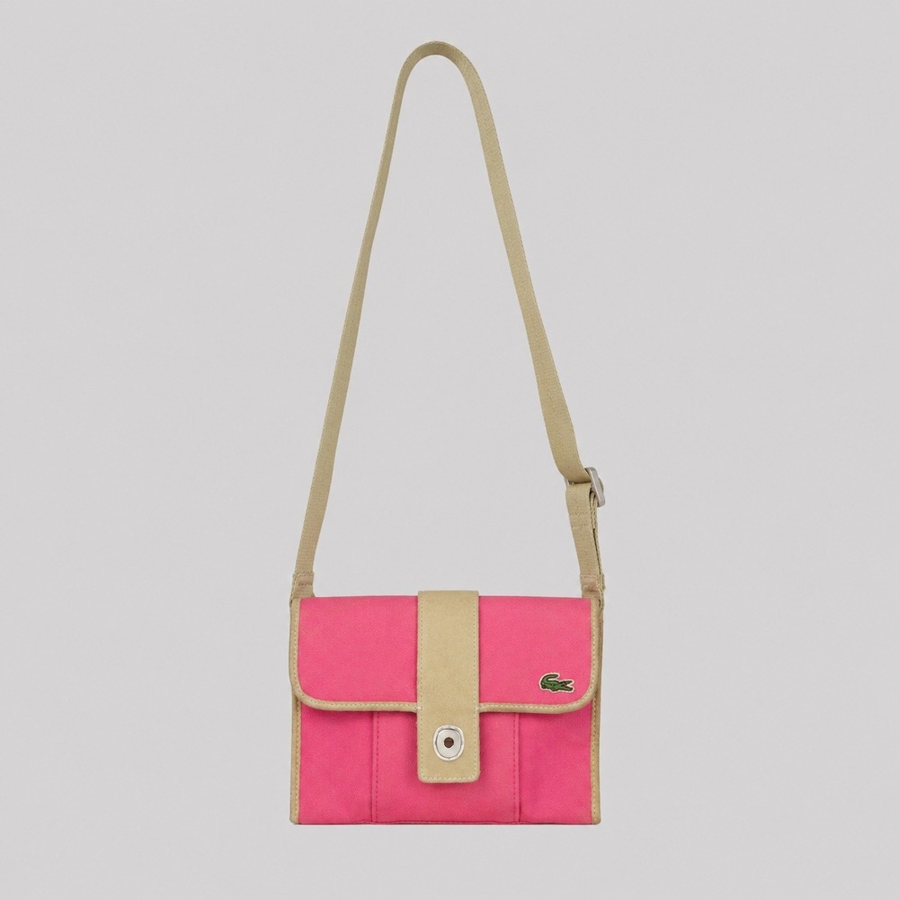 Vintage Lacoste Pink Canvas Suede Crossbody Shoulder Bag Y2K Crocodile Logo